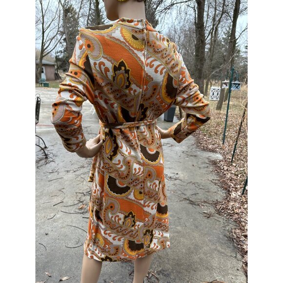 60s Groovy Print Knit Belted Shirt Dress 100% Virgin Wool Long Sleeve Orange Yel - Picture 10 of 16